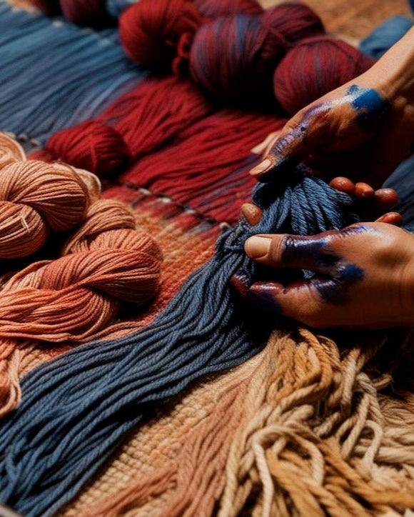 Colorful yarn skeins on a textured surface with hands interacting with the yarn.