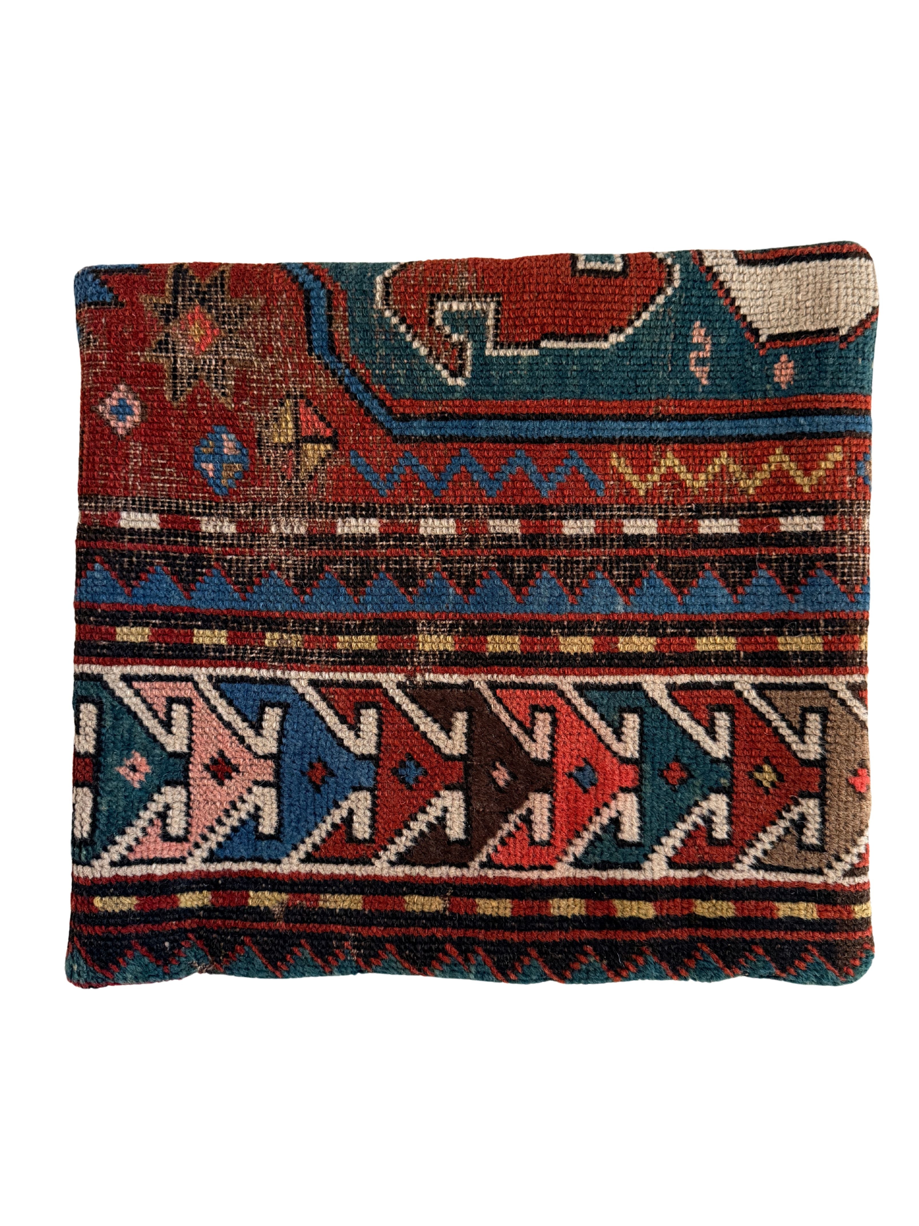 Caucasian hand-knotted vintage rug wool pillow in red with blue orange, green and cream accents.