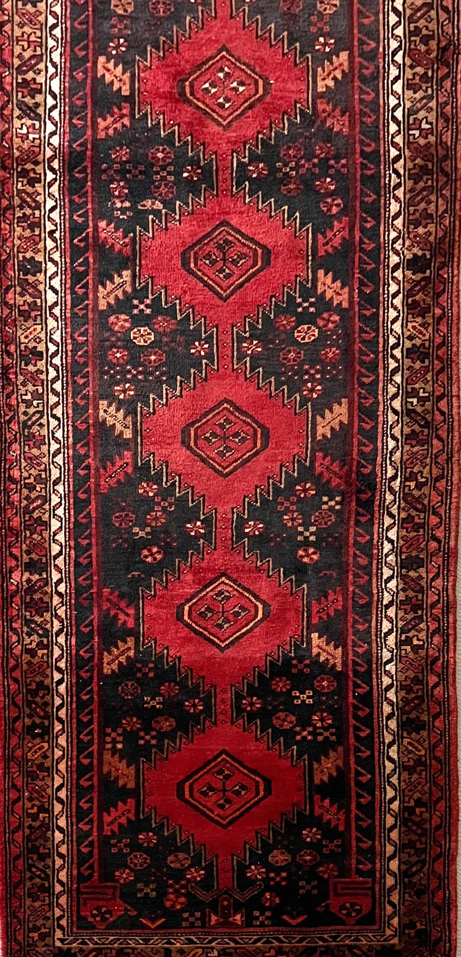 vintage persian tribal Heriz wool runner full view. Geometric patterns with large red medallions against a black ground with decorative geometric border in rust and brown.