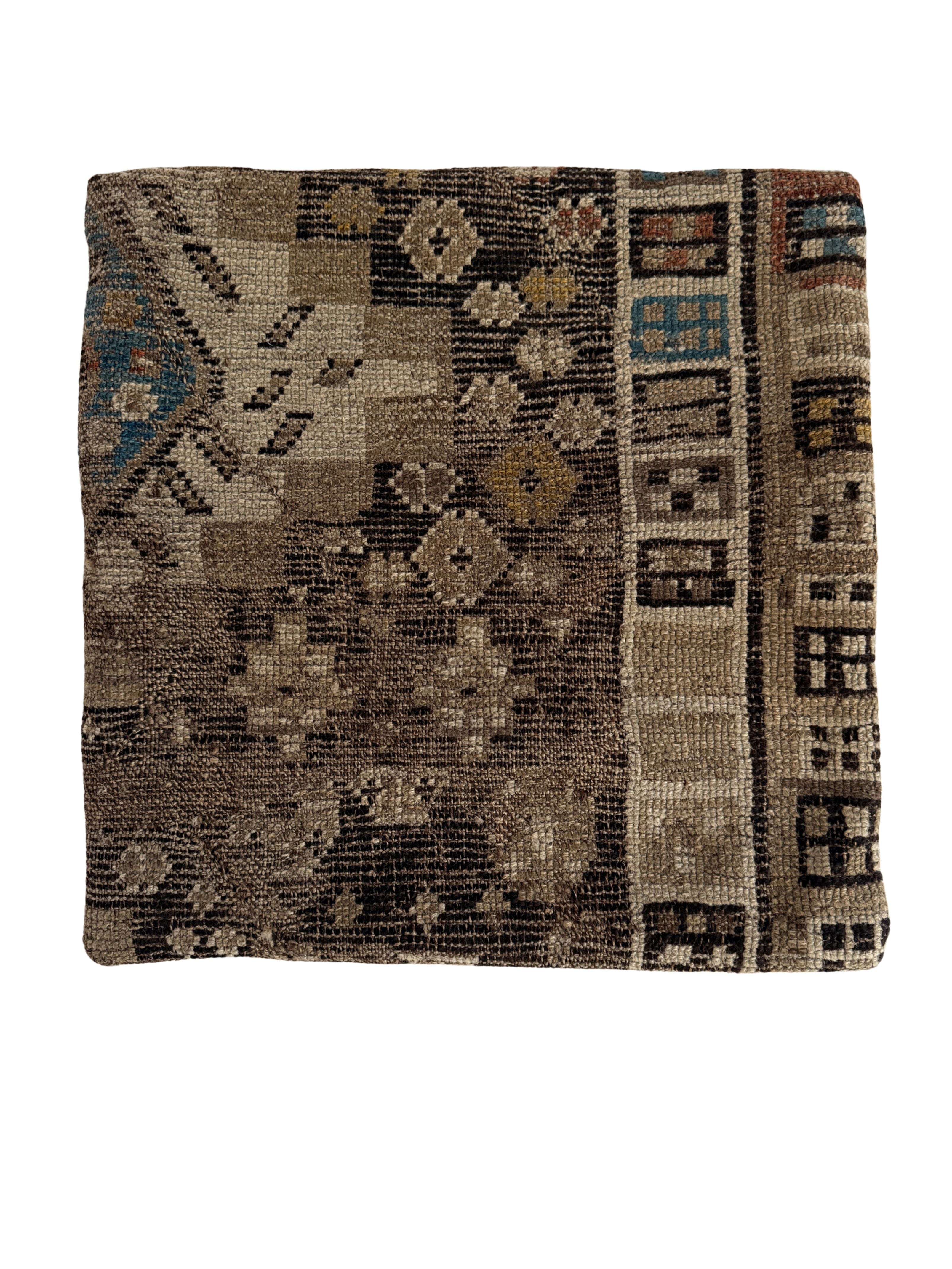 Handknotted Vintage Caucasian Rug Pillow in shades of earth tones with deep teal accents in a geometric pattern.