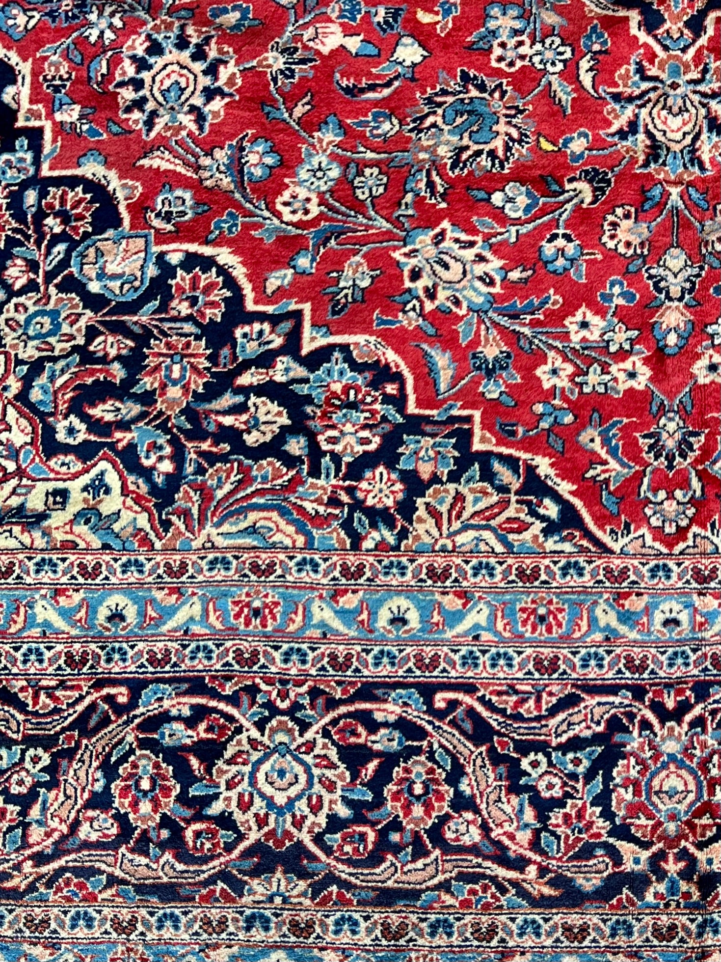 Border of Lachlan Persian Kashan rug, highlighting detailed hand-knotting and craftsmanship
